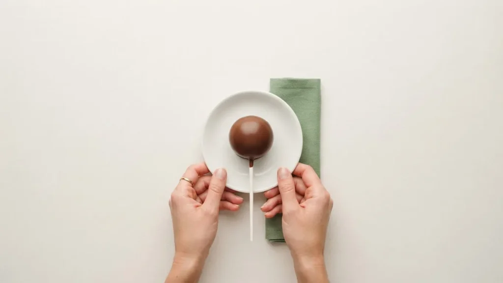 Chocolate-coated cake pop on a white plate held by two hands beside a green napkin.