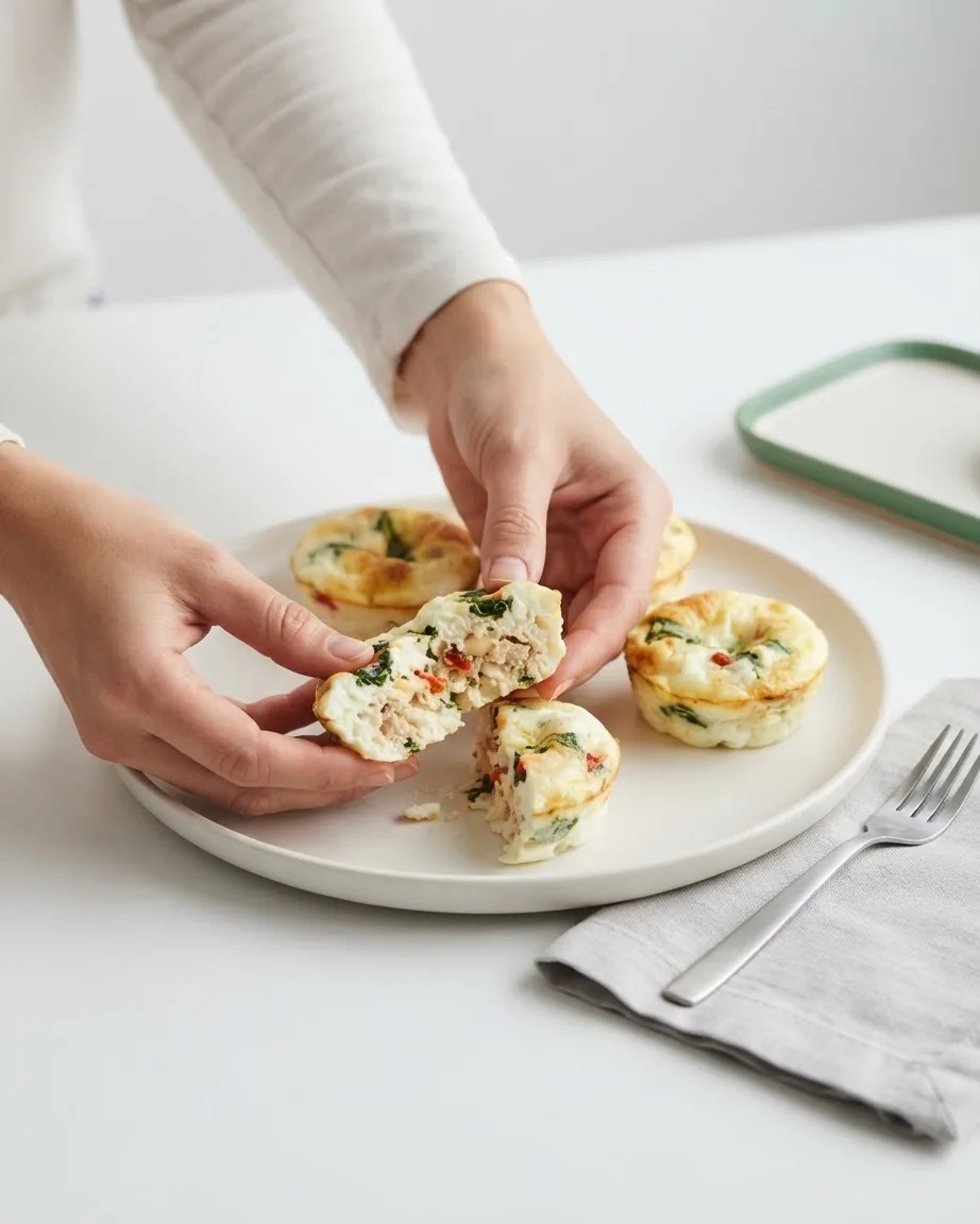 Hands break apart small baked egg-white bites with vegetables on a white plate.