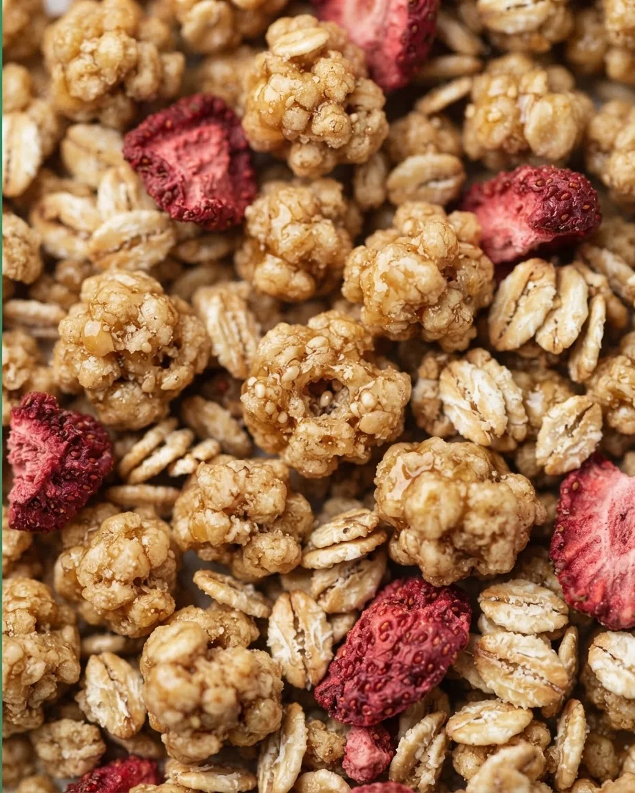 Close-up of oat cereal clusters and flakes mixed with dried strawberry pieces.