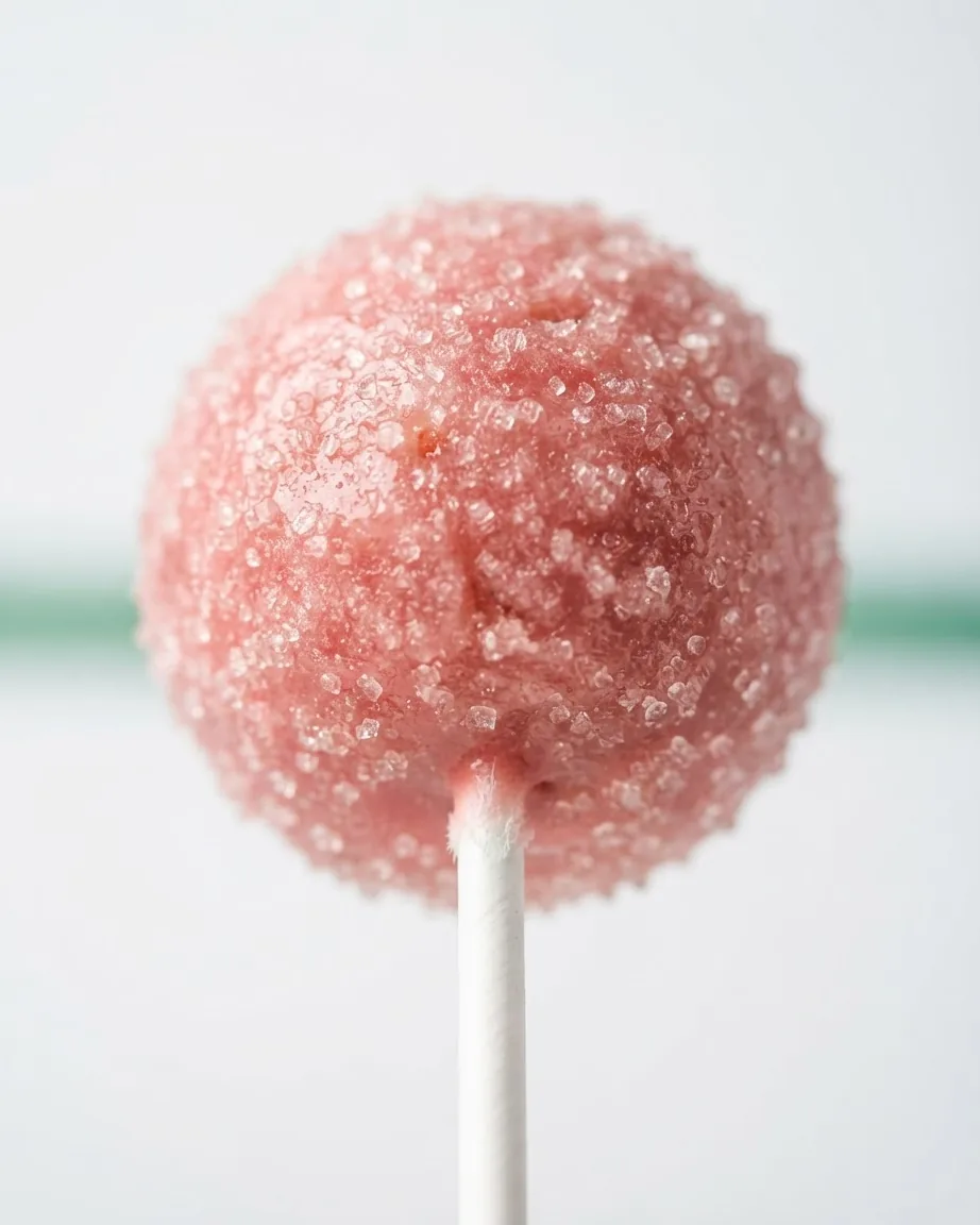 Pink sugar-coated cake pop on a white stick against a pale background.