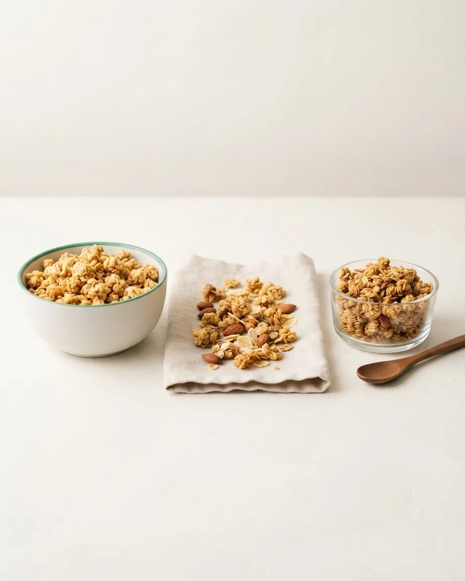Three servings of cereal or granola sit side by side in two bowls and on a folded cloth.