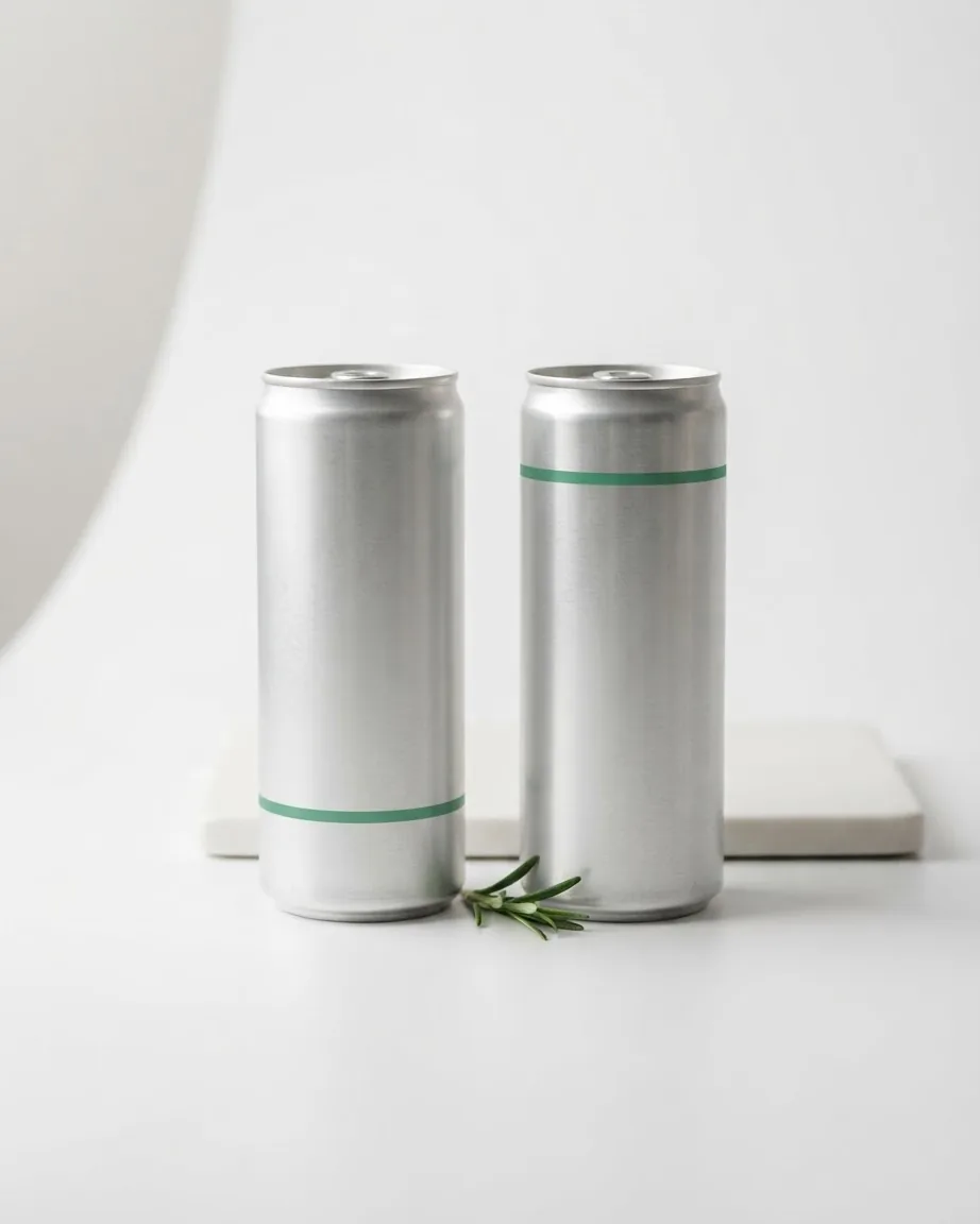 Two tall silver cans with green accent bands stand side by side on a white surface.