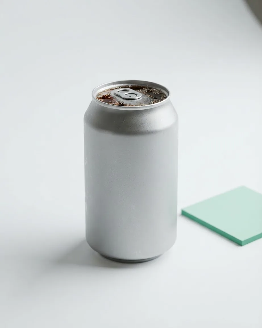 Unbranded silver soda can opened at the top, with dark cola visible beside a mint-green square.