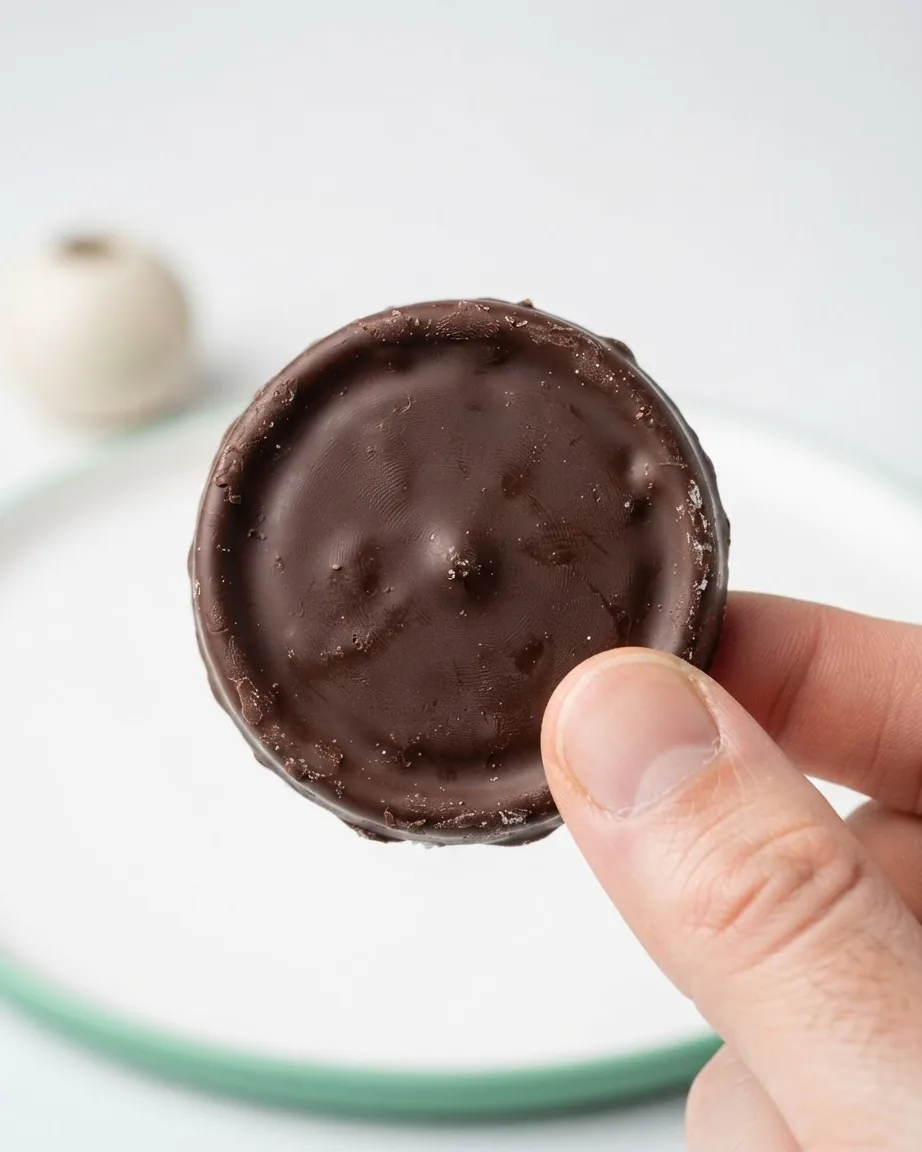 A hand holds a round dark chocolate-covered peppermint candy close to the camera.