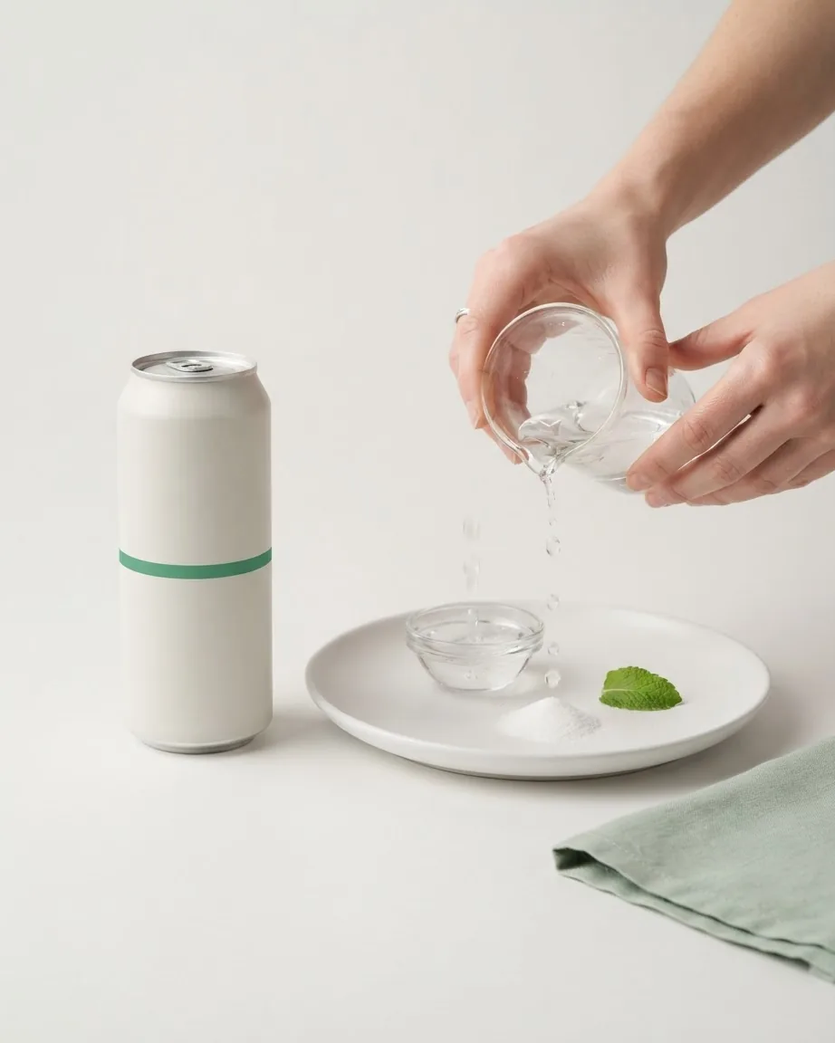 Hands pour clear liquid beside a tall white can, small bowl, mint leaf, and powder.