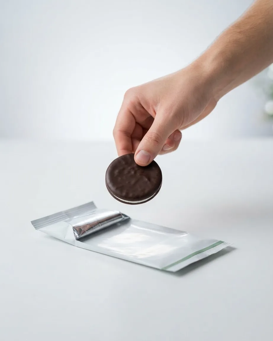 A hand holds a round chocolate-covered peppermint patty above an opened silver wrapper.