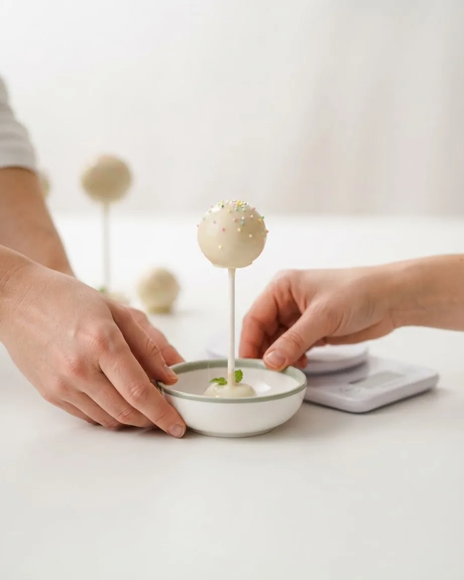 White-frosted cake pop with sprinkles held upright over a small bowl beside a kitchen scale.