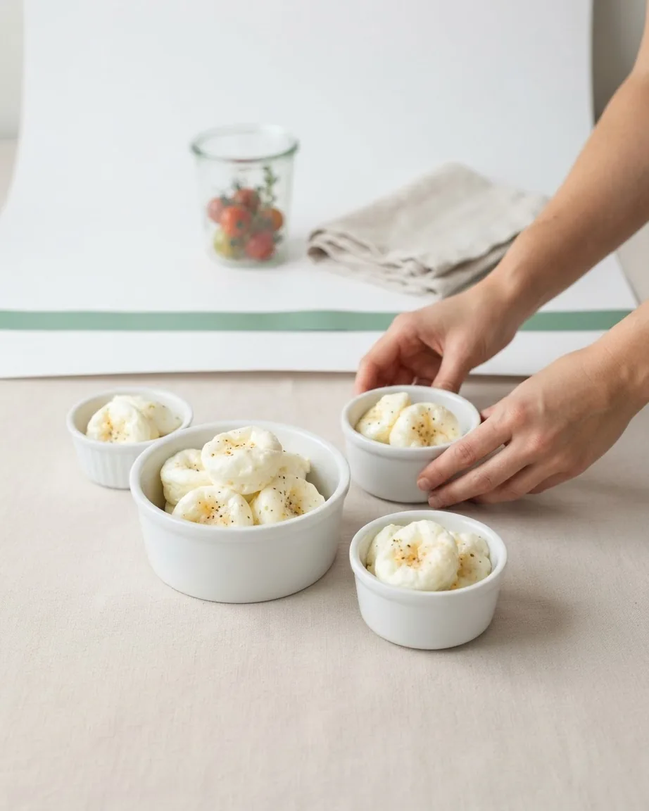 Four white ramekins filled with egg-white bites on a light table as hands arrange one bowl.