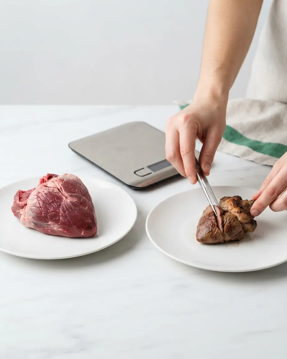 Detail view of why raw (100 g) and cooked (85 g) numbers don't match