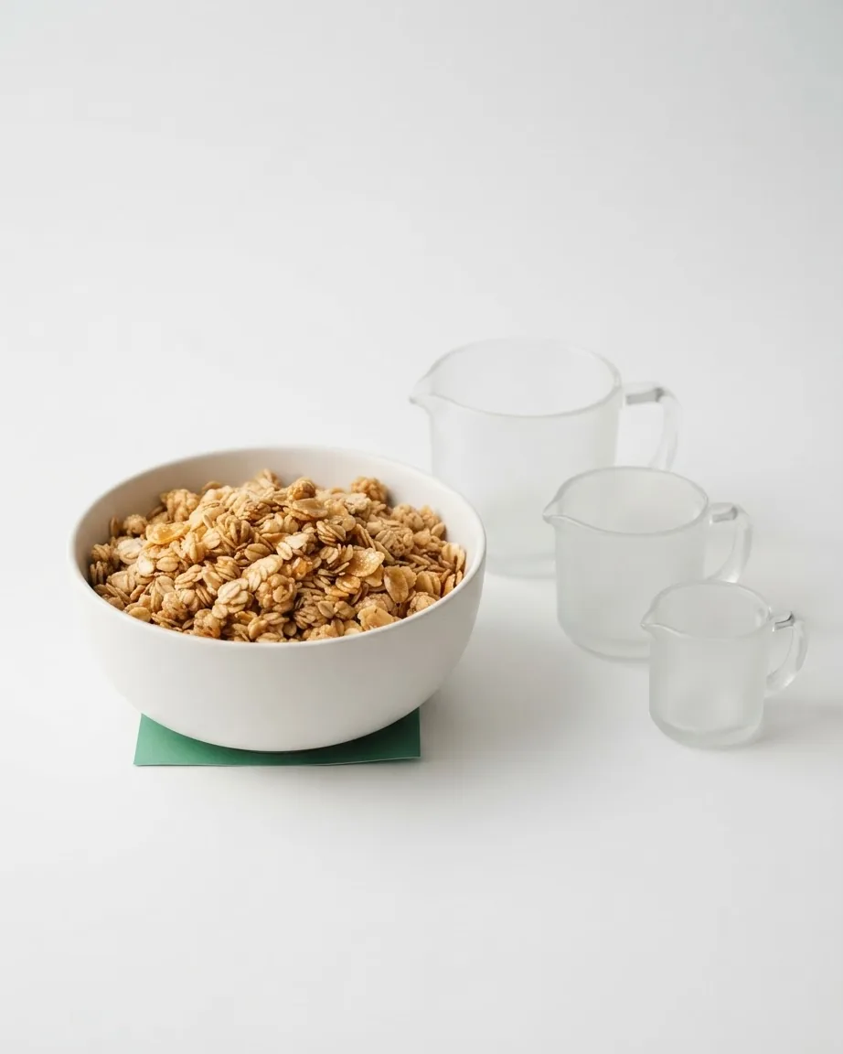 White bowl filled with oat cereal beside three translucent measuring jugs on a plain white surface.