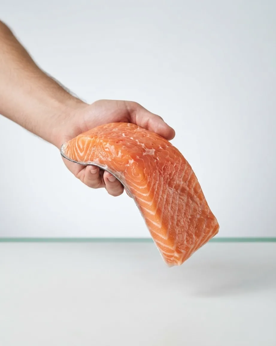 A hand holds a raw salmon fillet against a plain light background.