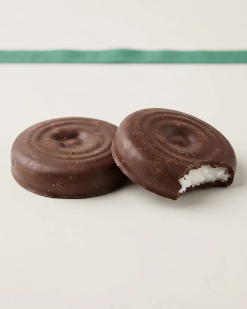 Two chocolate-covered peppermint patties sit on a plain surface, with one showing a white mint filling.