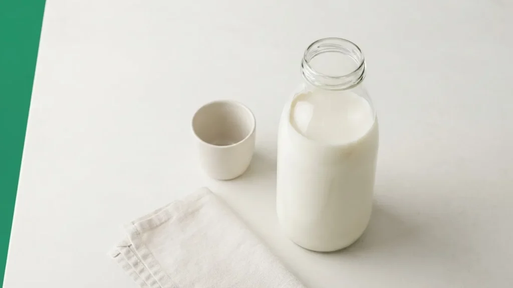 A clear glass bottle filled with milk beside a small white ceramic cup and folded linen napkin on a light tabletop.