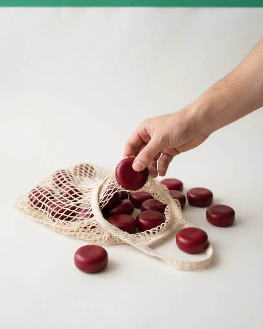 A hand lifts a small red wax-covered cheese wheel from an open mesh bag, with more wheels scattered on a white table.