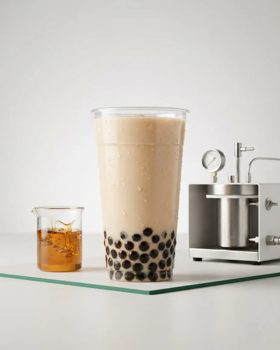 Milk tea with tapioca pearls beside amber syrup and a stainless steel laboratory instrument.