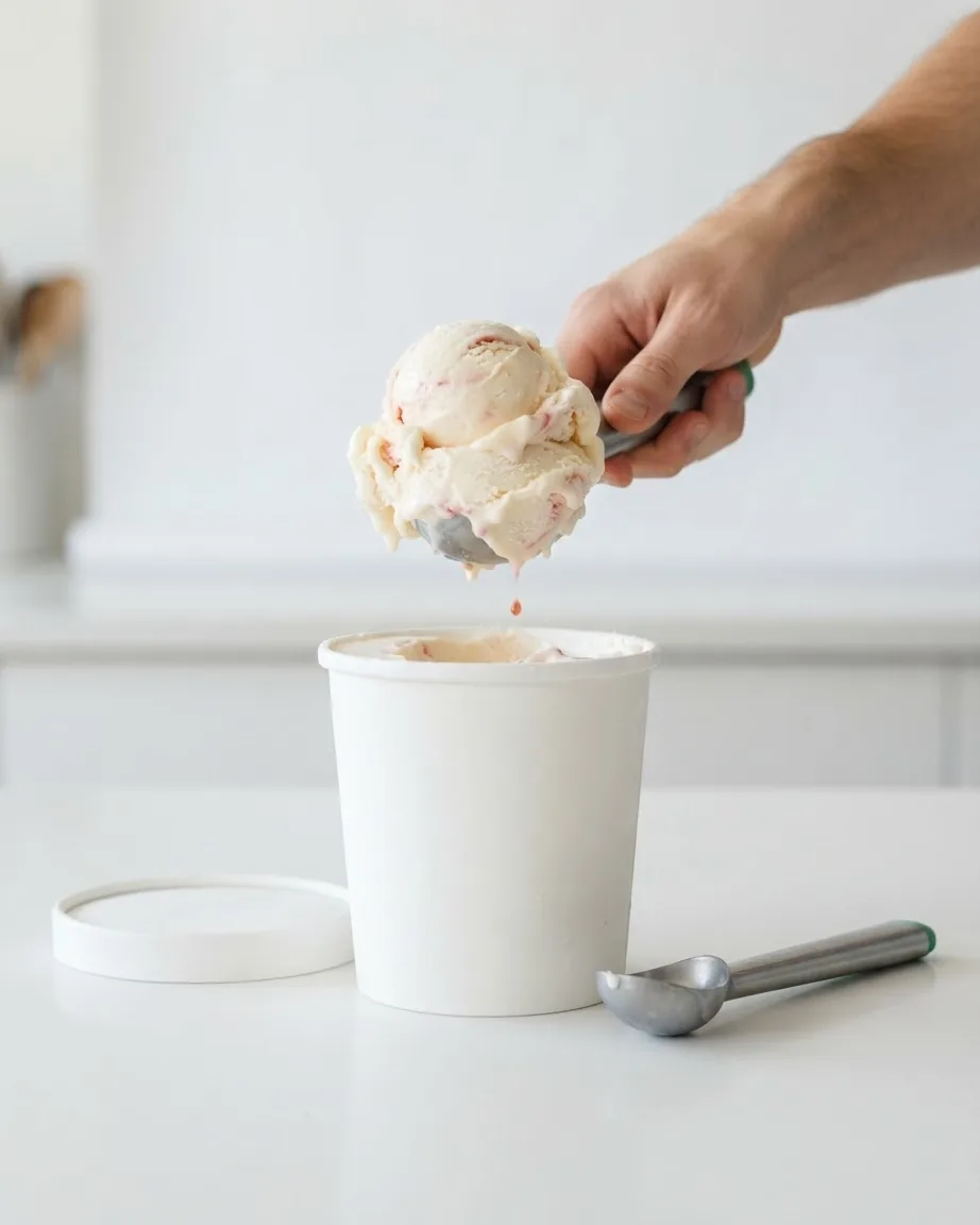 A hand lifts an oversized scoop of ice cream above an open white pint container.
