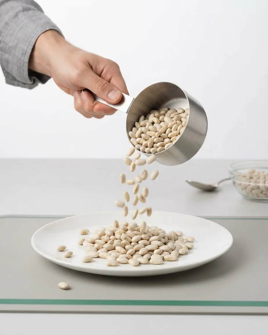 A hand tips a metal measuring cup of dry white beans onto a white plate, with a bowl and spoon behind.
