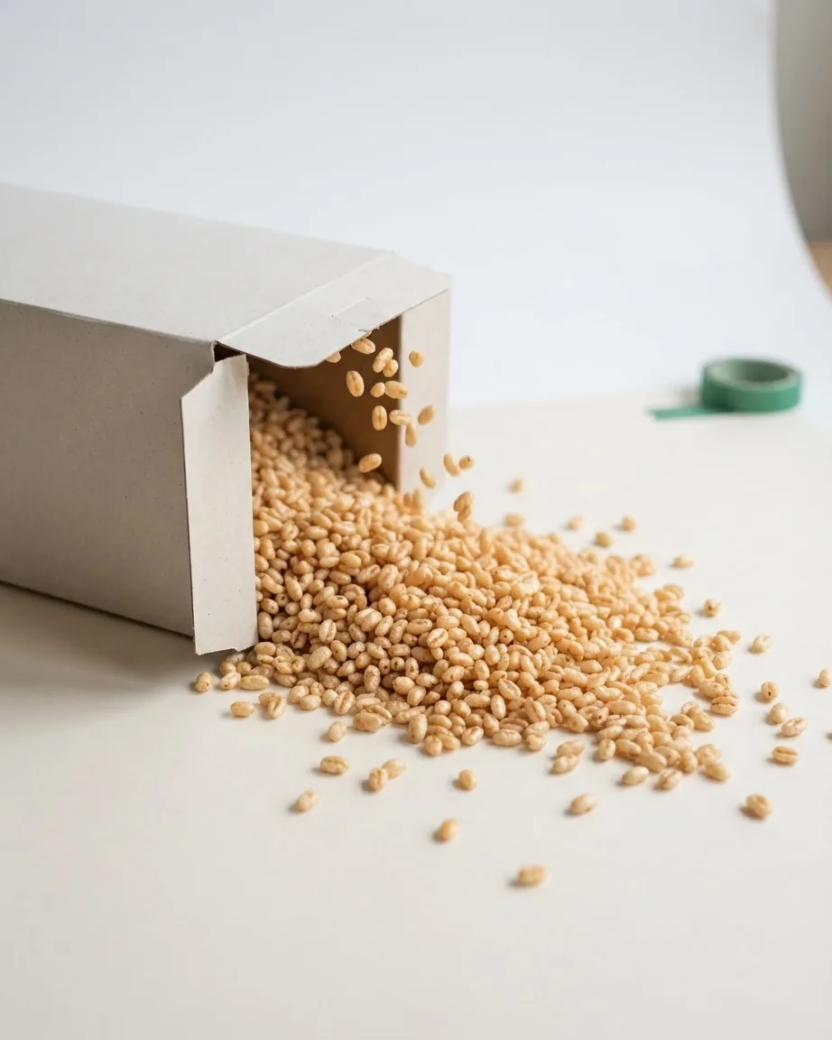 Golden puffed rice cereal spills from an open, unmarked cardboard box onto a white surface.