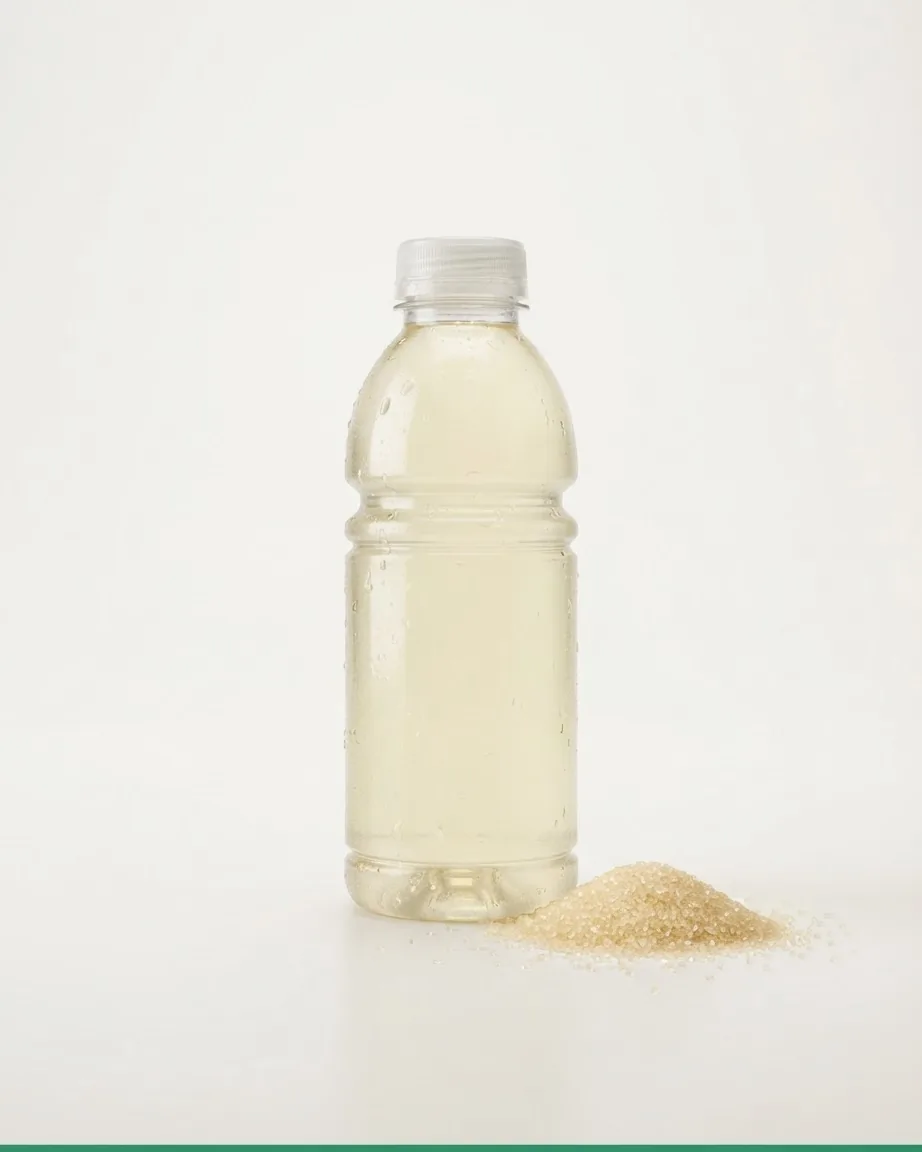 Unlabeled bottle of pale liquid standing beside a small mound of loose cane sugar.