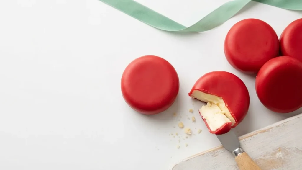 Round red wax-coated cheeses on a white surface, one cut open with a knife, beside a pale green ribbon.