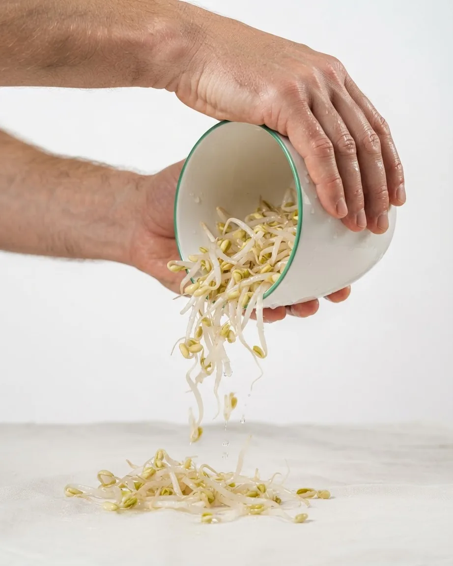 Hands tipping a white cup with a green rim, spilling wet mung bean sprouts onto a white surface.