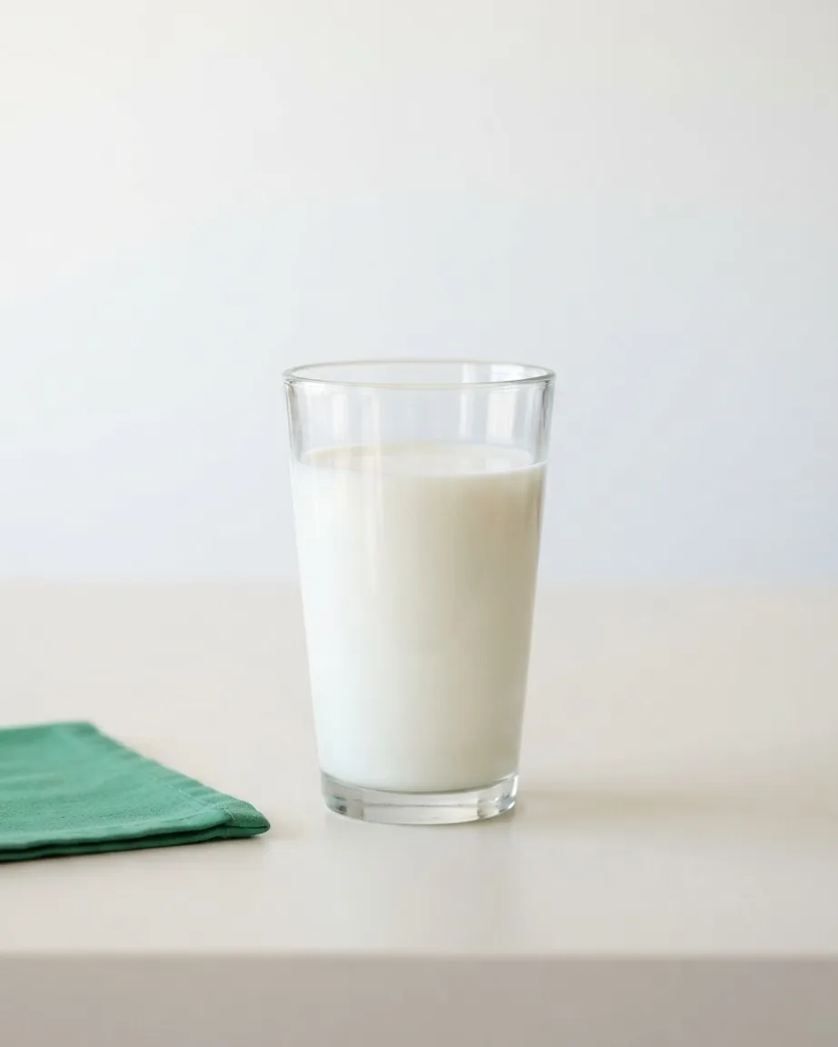 A clear glass filled with milk stands on a pale tabletop beside a folded green cloth against a plain background.