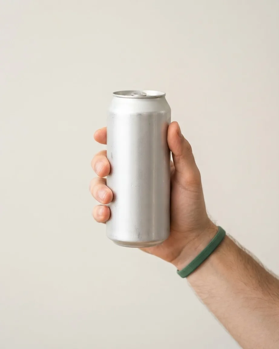 A hand wearing a green wristband holds a tall, plain silver beverage can against a beige background.