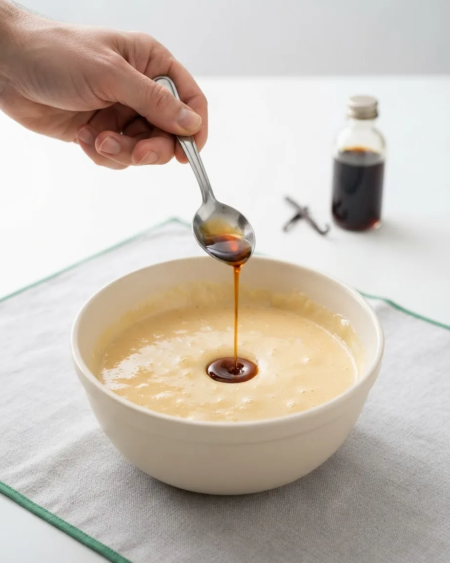 A hand pours dark vanilla extract from a metal teaspoon into a bowl of pale batter, with a small bottle behind.
