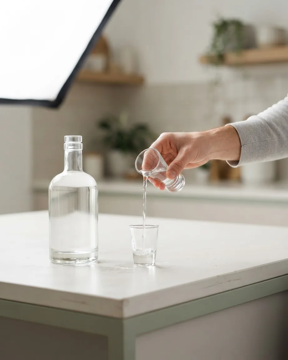 A hand pours clear liquid from a small measuring glass into a shot glass beside an unlabelled bottle on a kitchen counter.