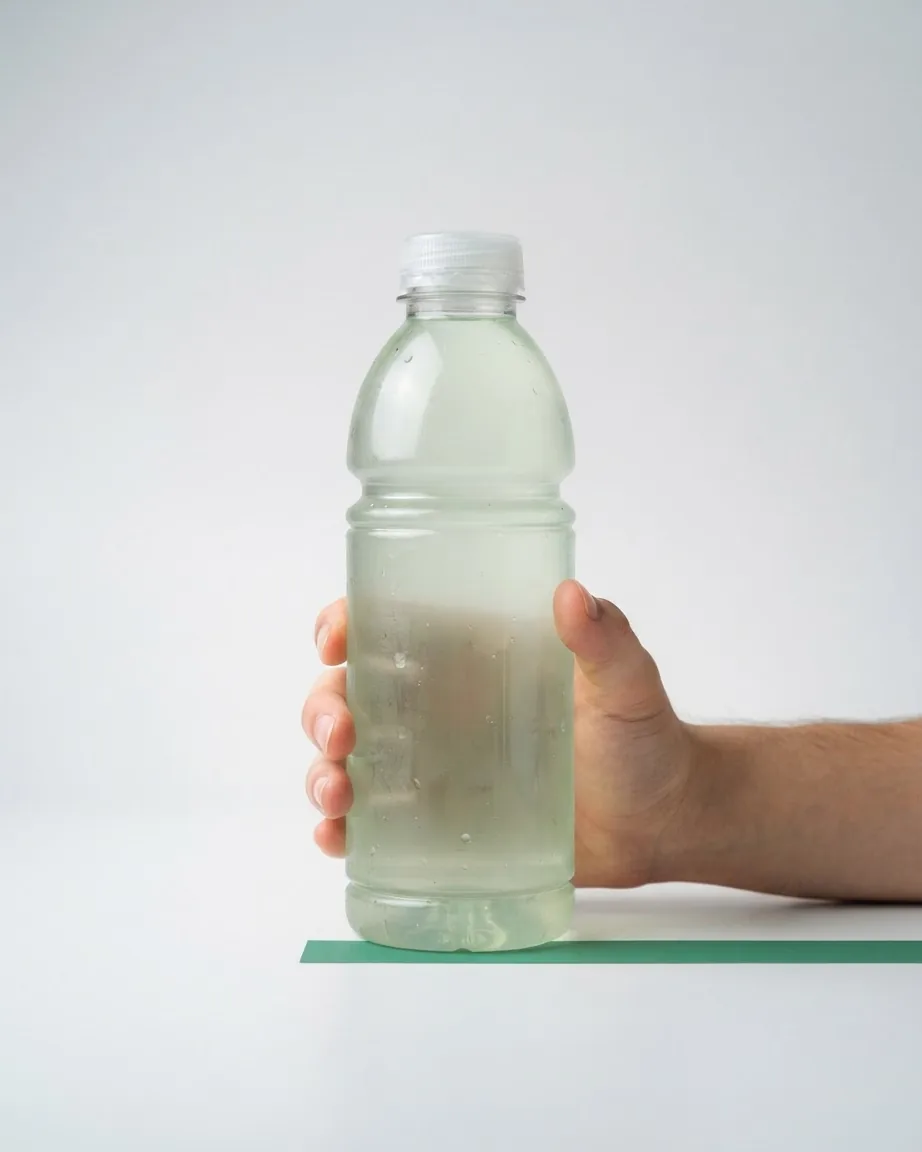 A hand holds an unlabeled pale green beverage bottle against a plain light background.