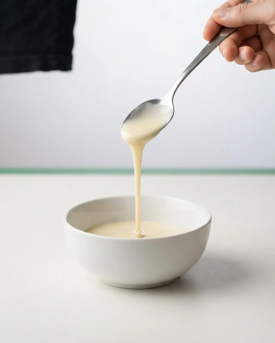 A hand holds a metal spoon as thick, pale creamy milk drips into a white ceramic bowl on a countertop.