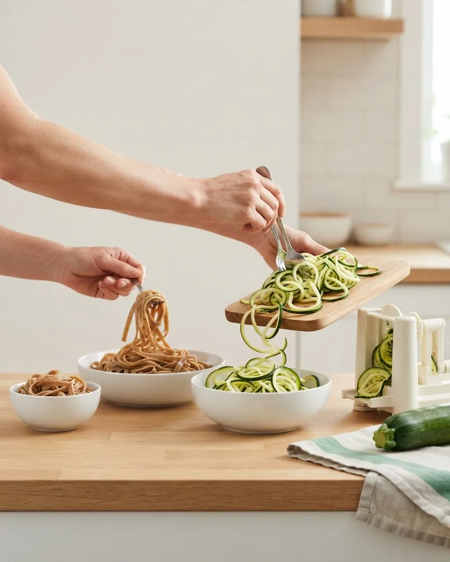Hands transfer spiralized zucchini from a wooden board into a bowl beside bowls of brown pasta on a kitchen counter.