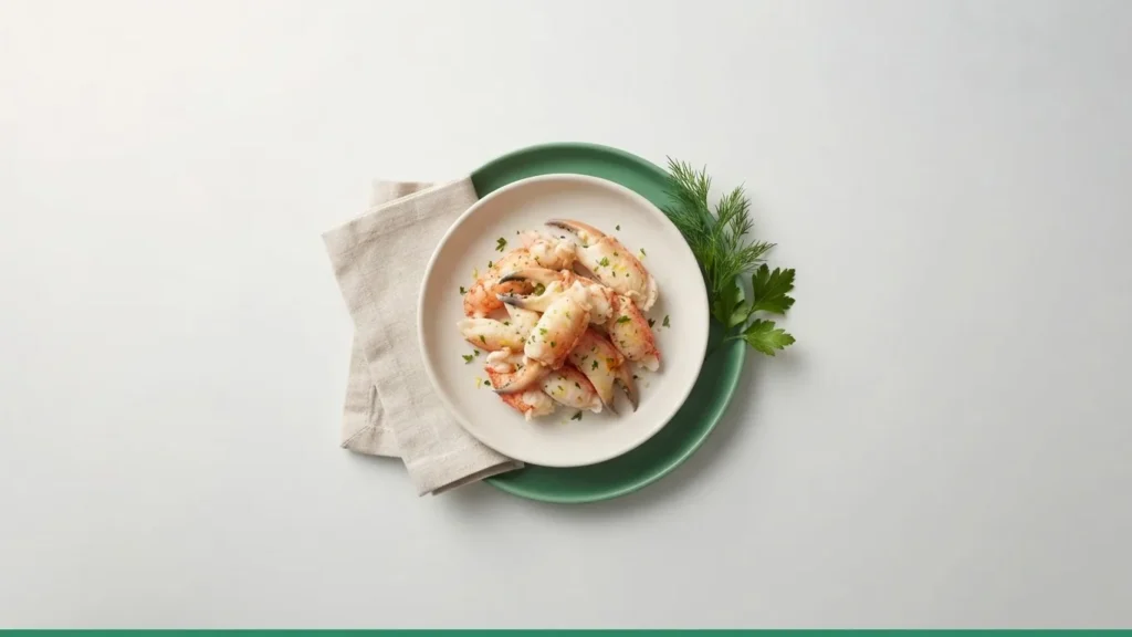 A white bowl of cooked crab claw meat with herbs on a green plate, beside a linen napkin and fresh parsley.