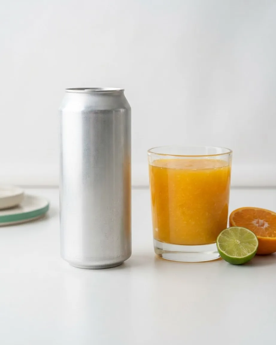 A plain silver beverage can beside a glass of orange juice, with halved citrus fruits on a white surface.