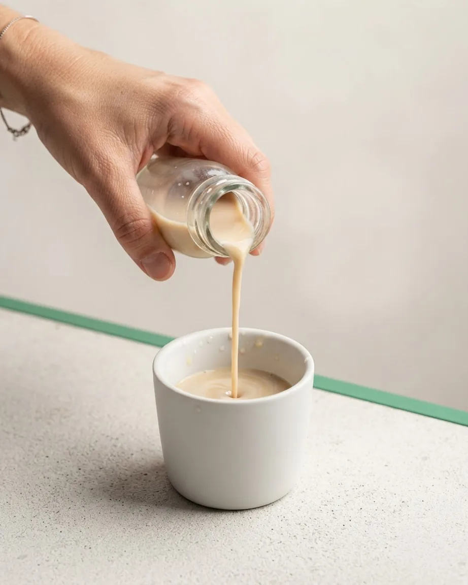 A hand pours a creamy beige liquid from a small glass bottle into a white ceramic cup on a countertop.