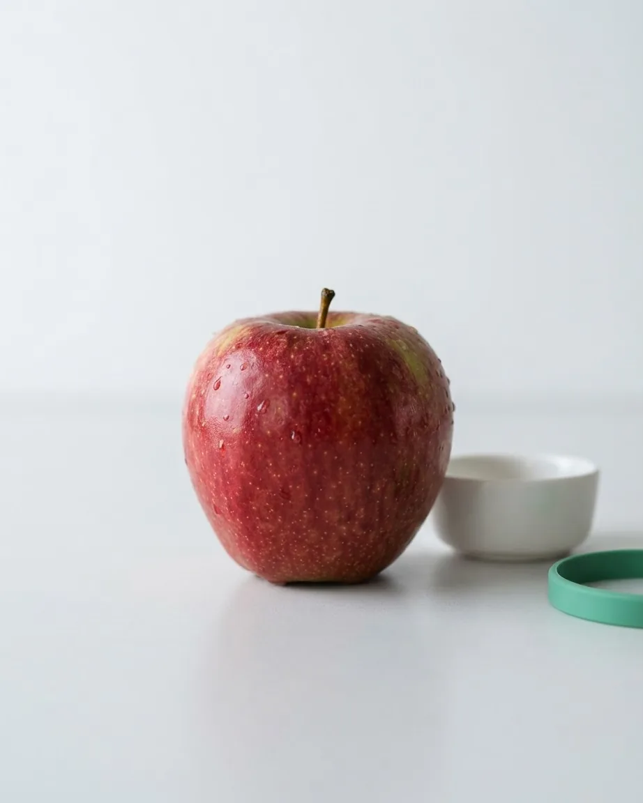 A red apple with water droplets sits on a white surface beside two small bowls.