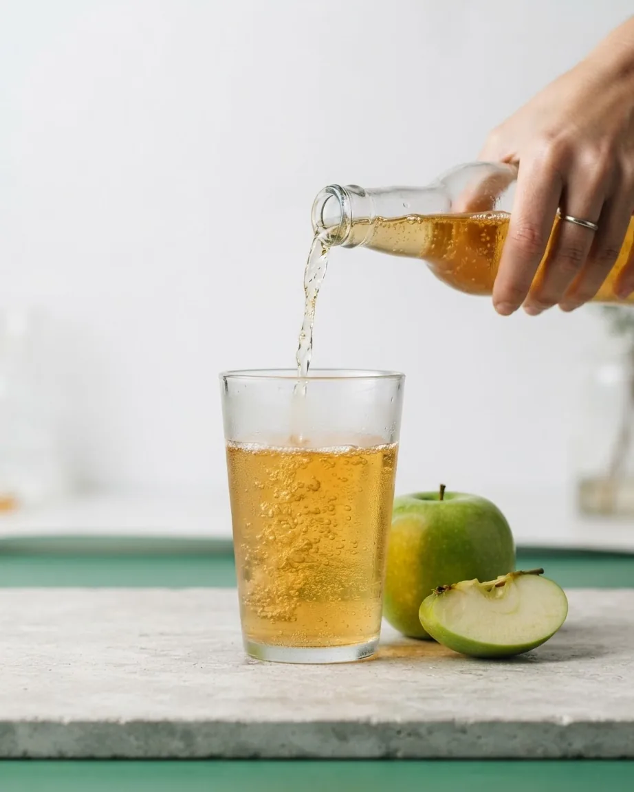 A hand pours a golden fizzy drink from a bottle into a glass beside green apples.