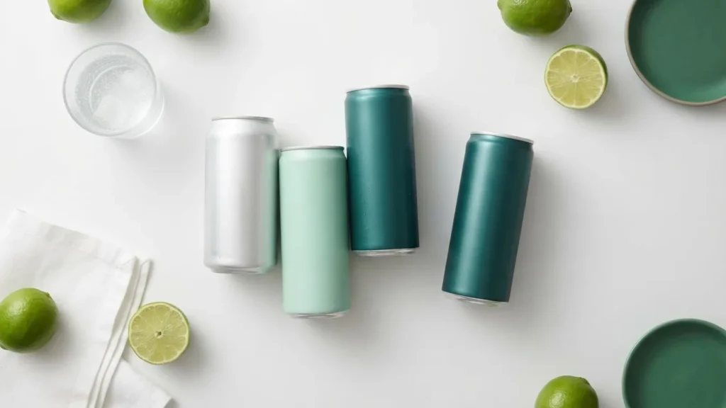 Four unbranded beverage cans in white, mint, and teal arranged among fresh limes, a glass, and green plates.
