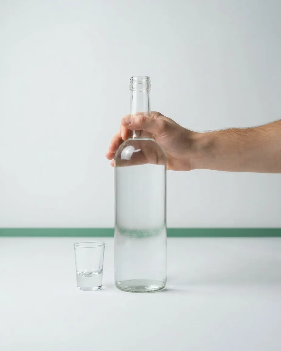 A hand steadies a clear glass bottle of transparent liquid beside a small shot glass on a white tabletop.