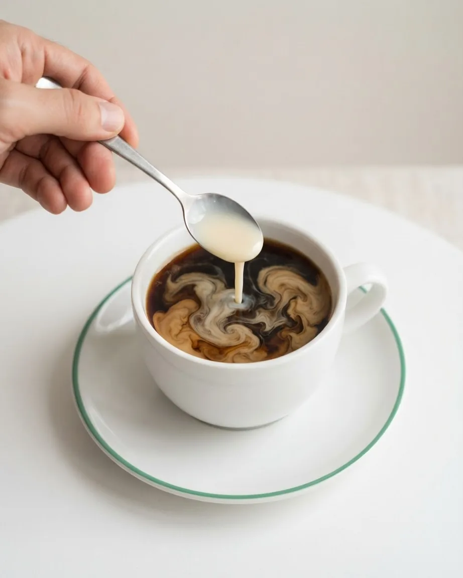 A hand holds a metal spoon dripping pale milk into a white cup of dark coffee on a saucer.