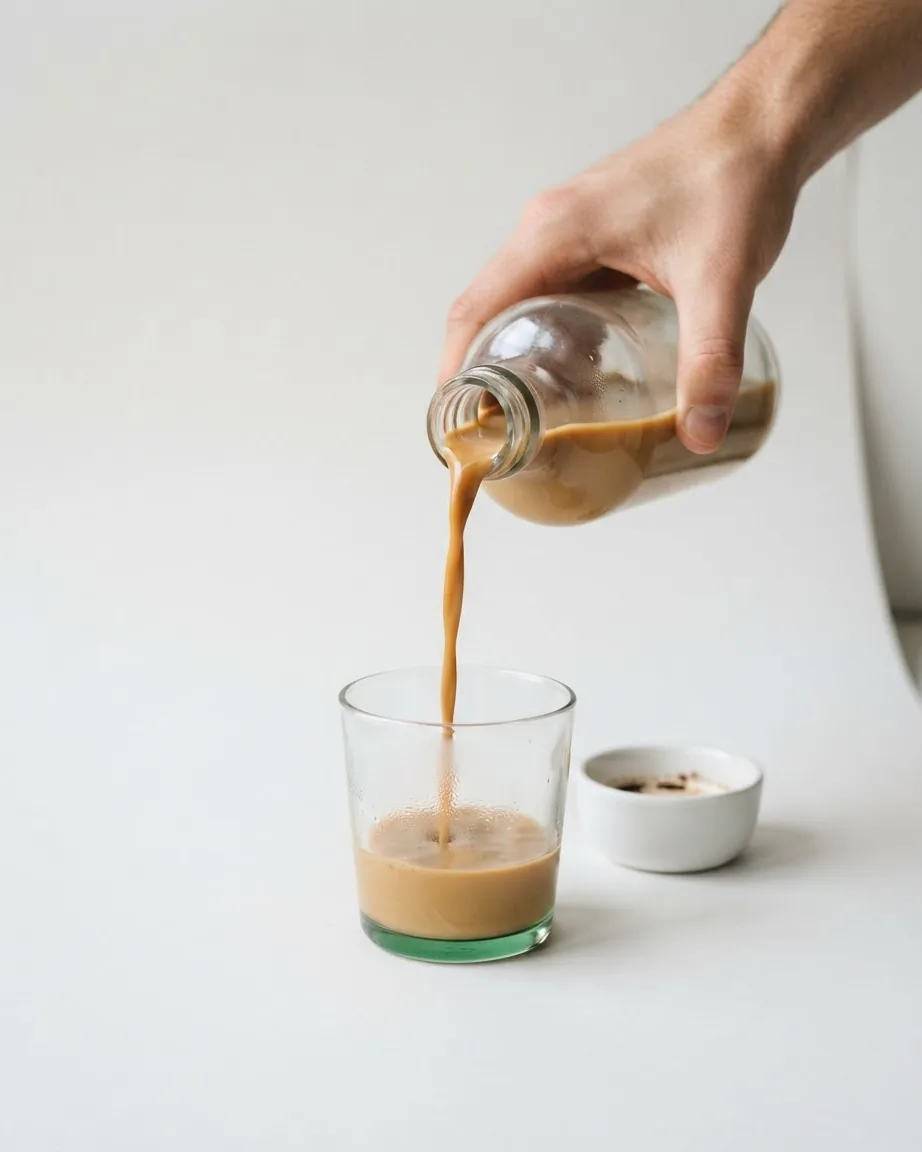 A hand pours a creamy tan coffee drink from a clear glass bottle into a tumbler on a white tabletop.