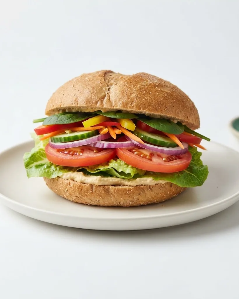 A whole-grain sandwich filled with lettuce, tomato, cucumber, red onion, peppers, and spinach on a white plate.