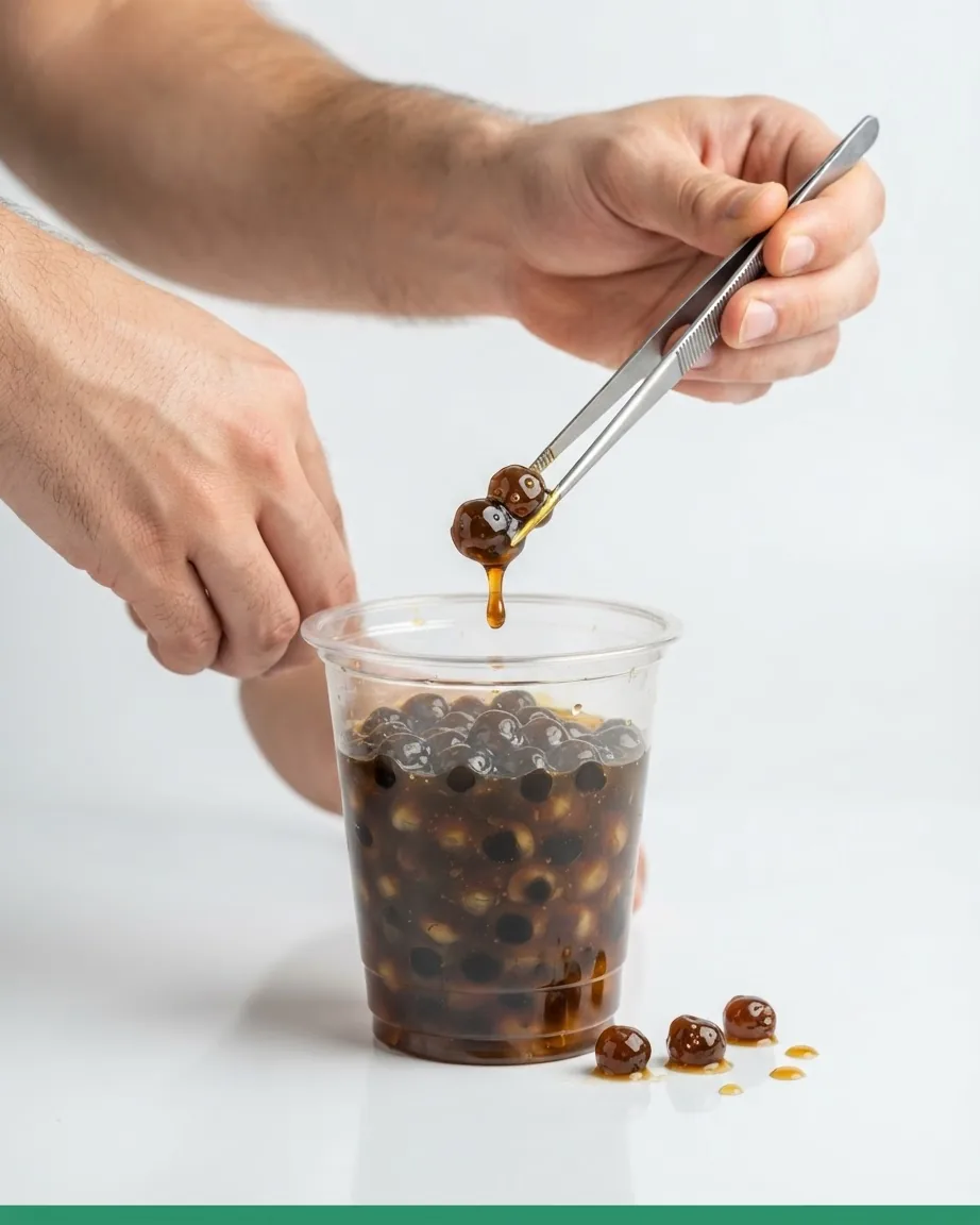 Hands use metal tweezers to lift syrup-coated boba pearls from a clear plastic cup.