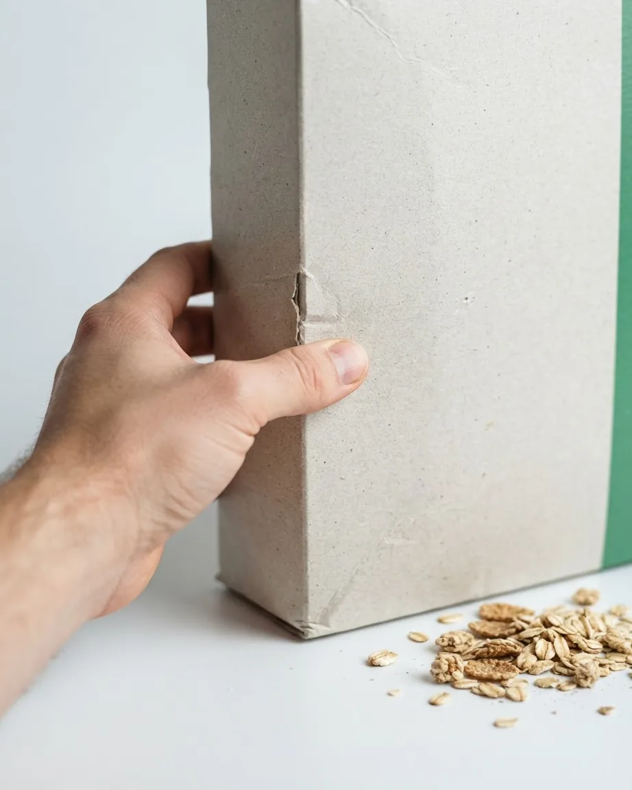 A hand grips a plain cardboard cereal box beside a small pile of cereal flakes.