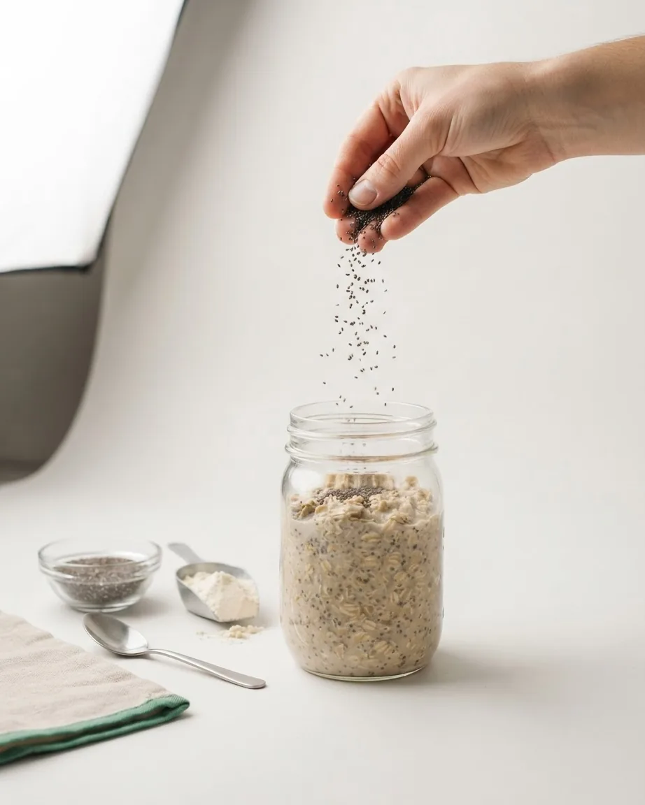 A hand sprinkles chia seeds into a glass jar of overnight oats beside a bowl of seeds, a scoop of powder, and a spoon.