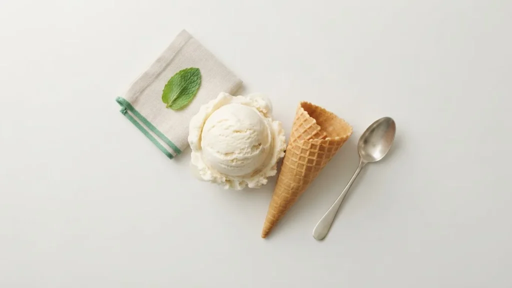 Scoop of vanilla ice cream beside an empty waffle cone, spoon, folded napkin, and mint leaf.