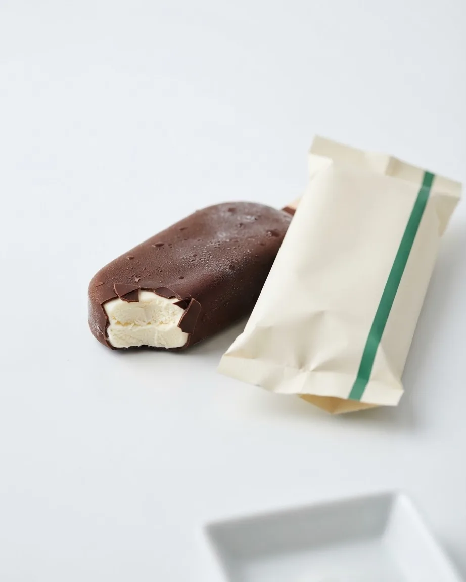 A bitten chocolate-coated vanilla ice cream bar beside a plain cream-colored wrapper with a green stripe.