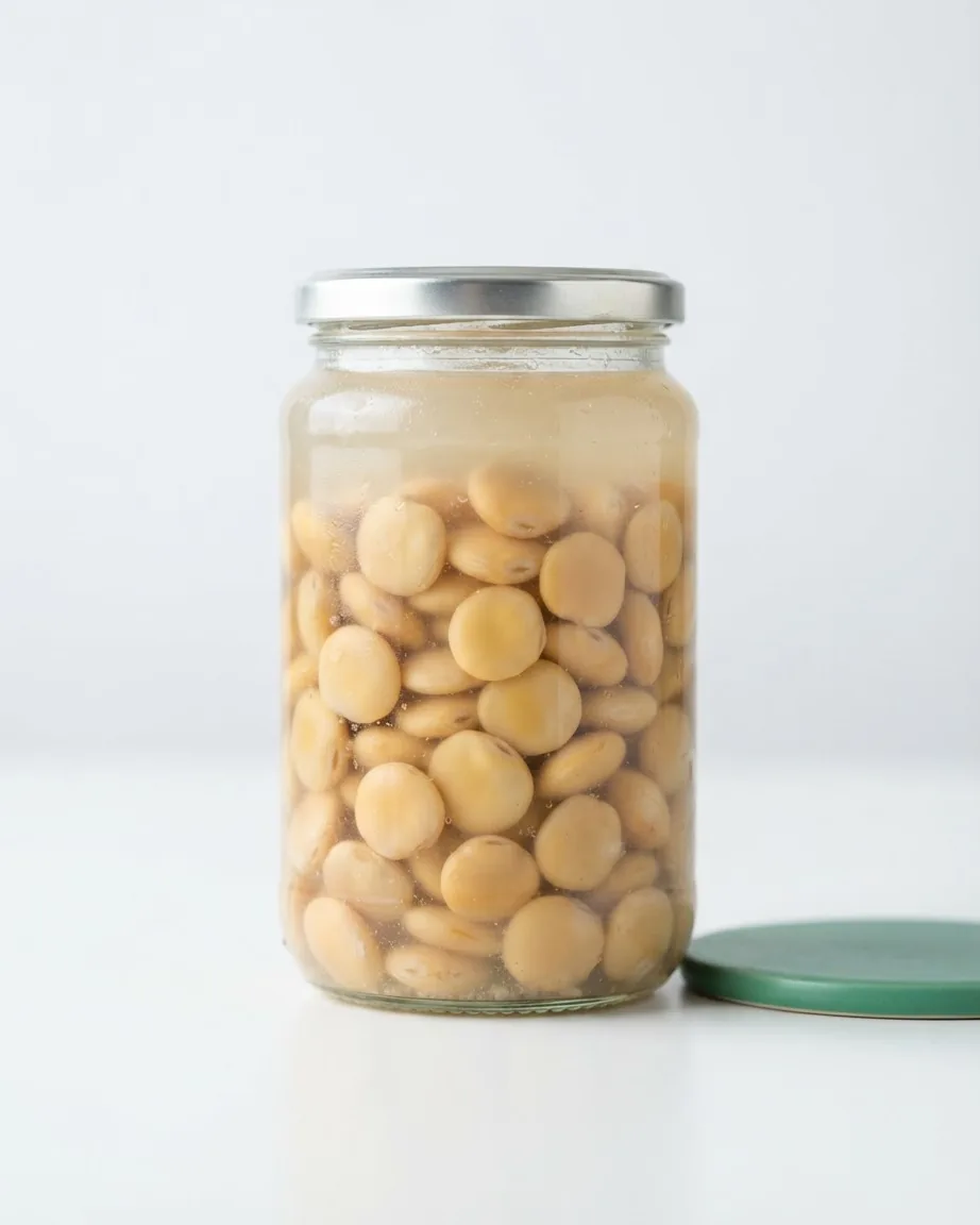 A clear glass jar filled with pale yellow lupini beans submerged in brine, with a silver lid and a green coaster nearby.