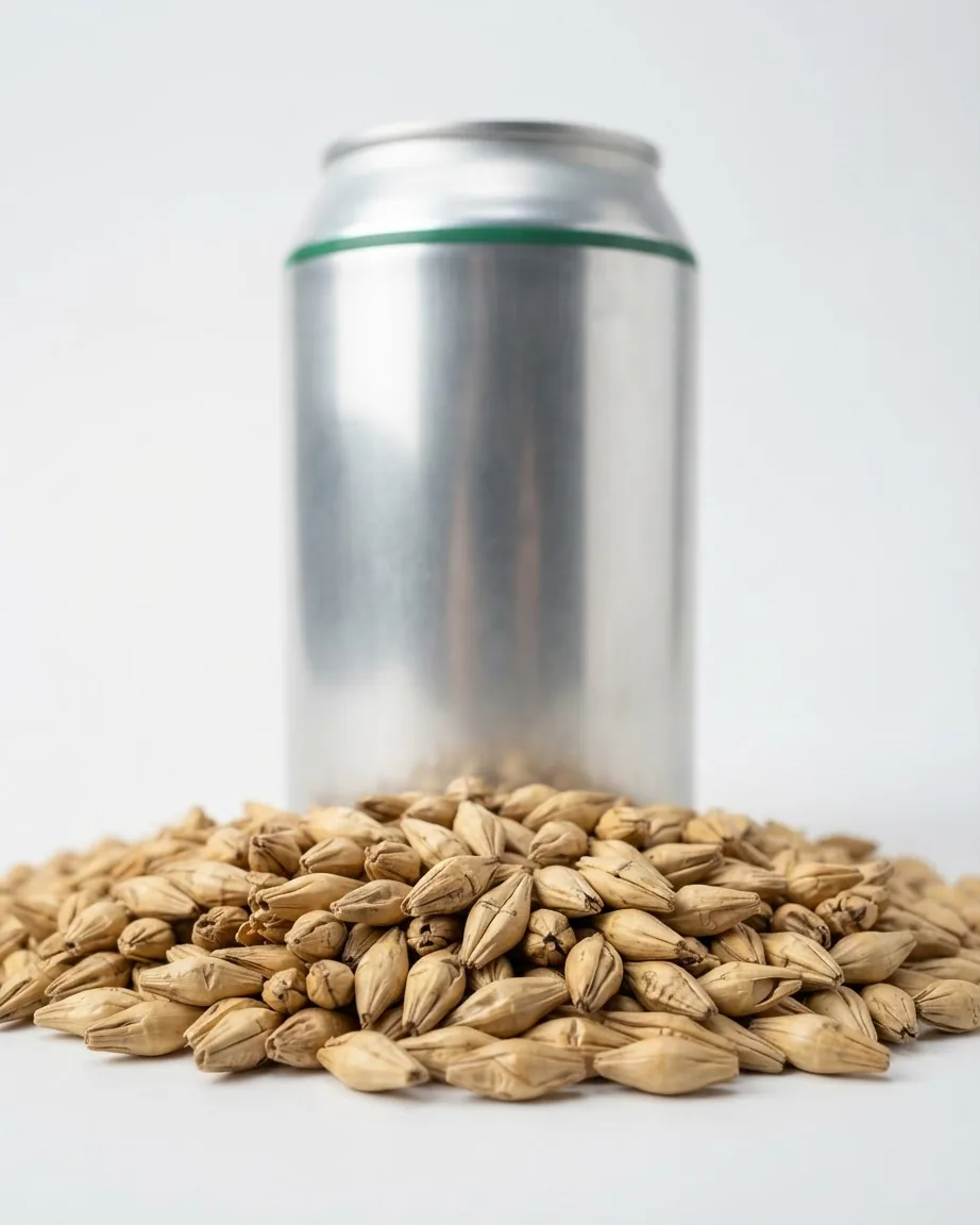 A plain silver beverage can with a thin green stripe stands behind a pile of golden malt grains on a white surface.