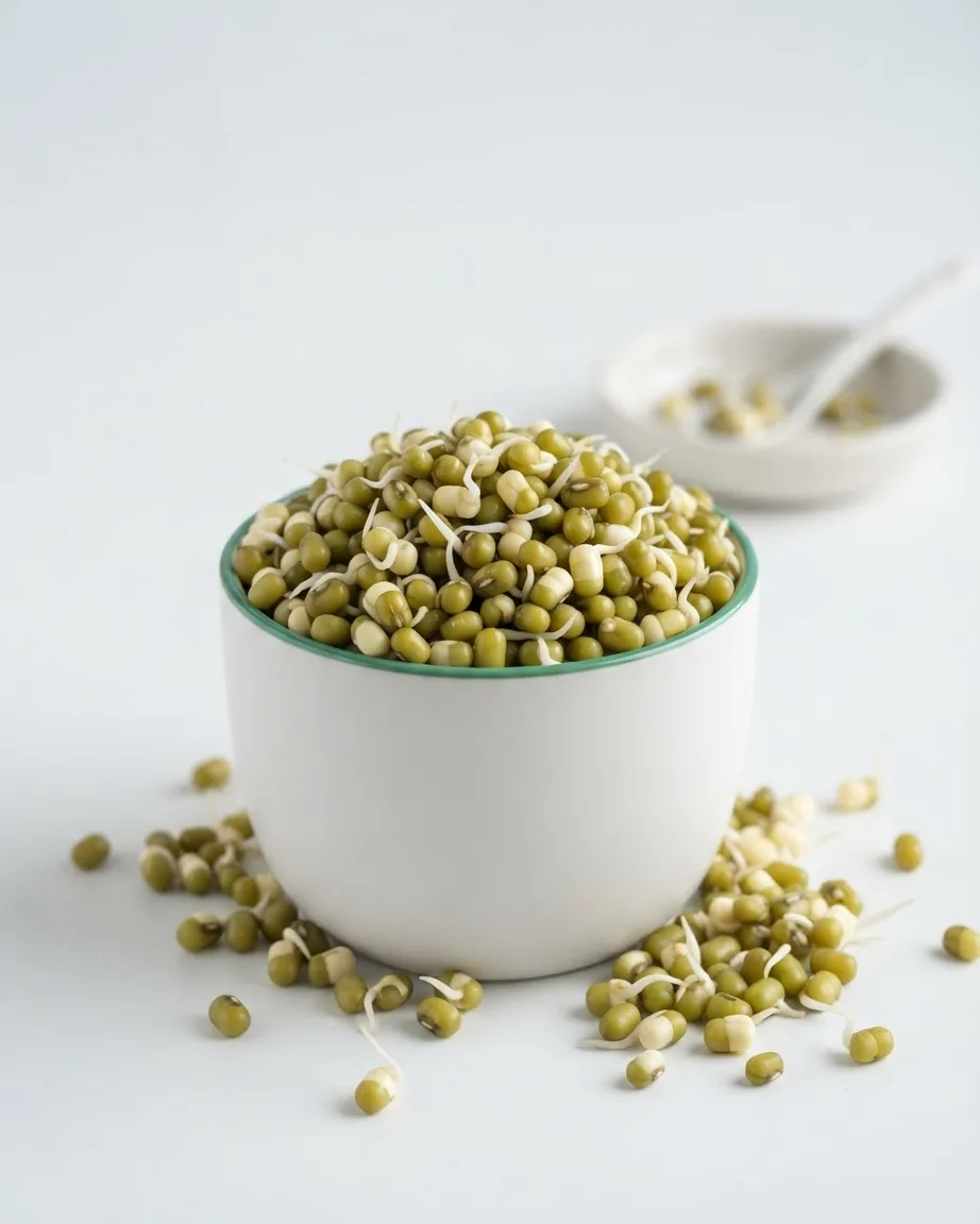 A white bowl with a green rim piled high with sprouted mung beans, with loose beans scattered on a white surface.